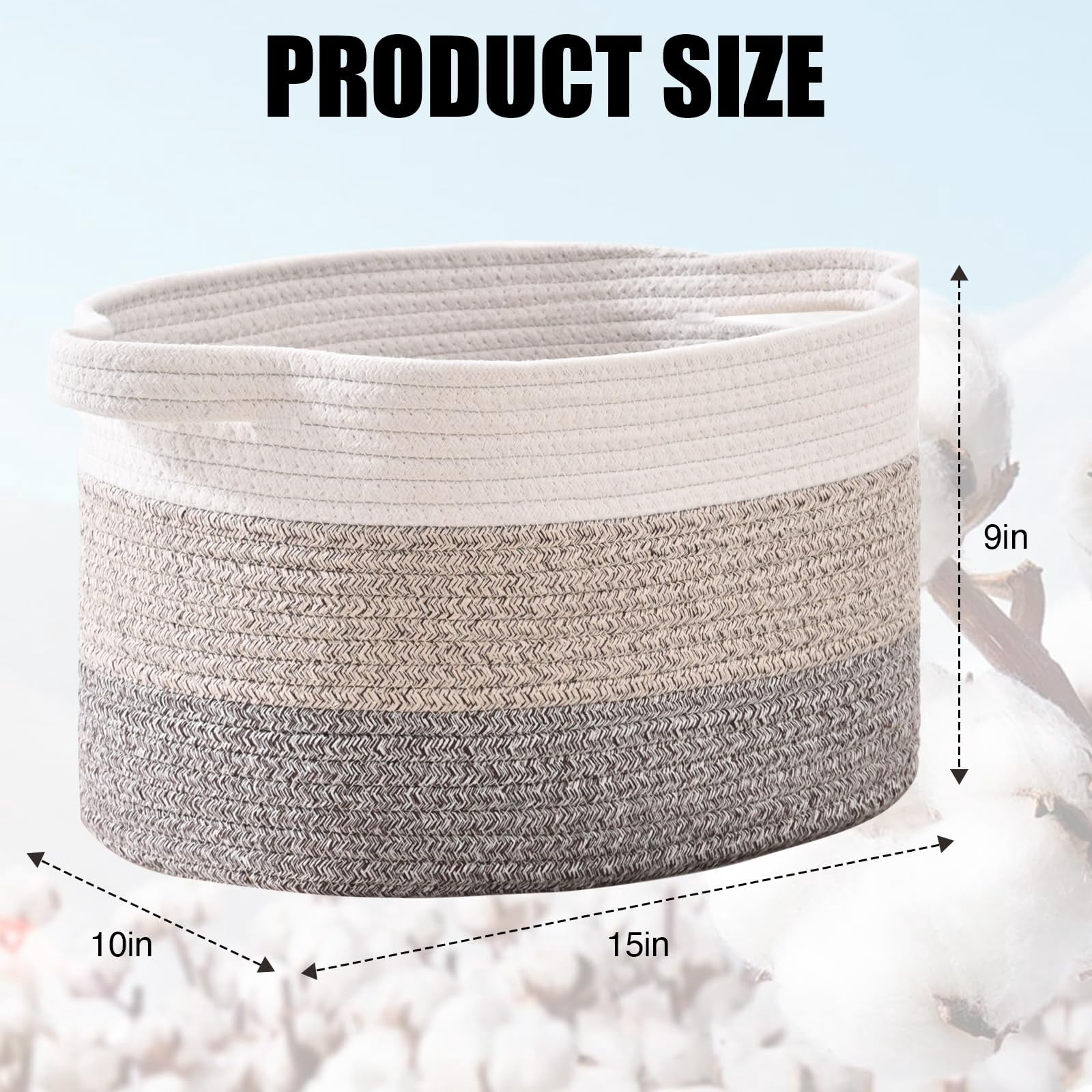 3PCS Large Woven Cotton Rope Storage Basket With Handles - 15"x10"x9.5" Decorative Organizer for Toys, Books, Living Room - Gradient Brown