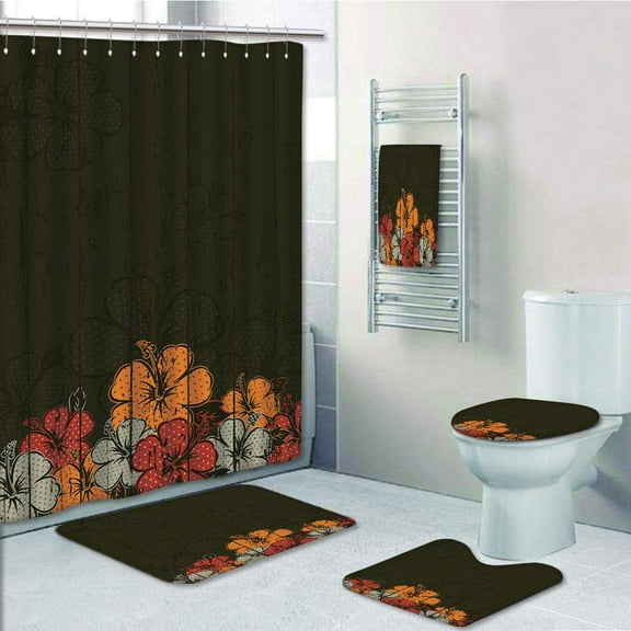 PRTAU Floral Abstract Wooden Backdrop With Hawaiian Romantic Flowers Buds Blooms Leaves Amber Red Army 5 Piece Bathroom Set Shower Curtain Bath Towel Bath Rug Contour Mat and Toilet Lid Cover