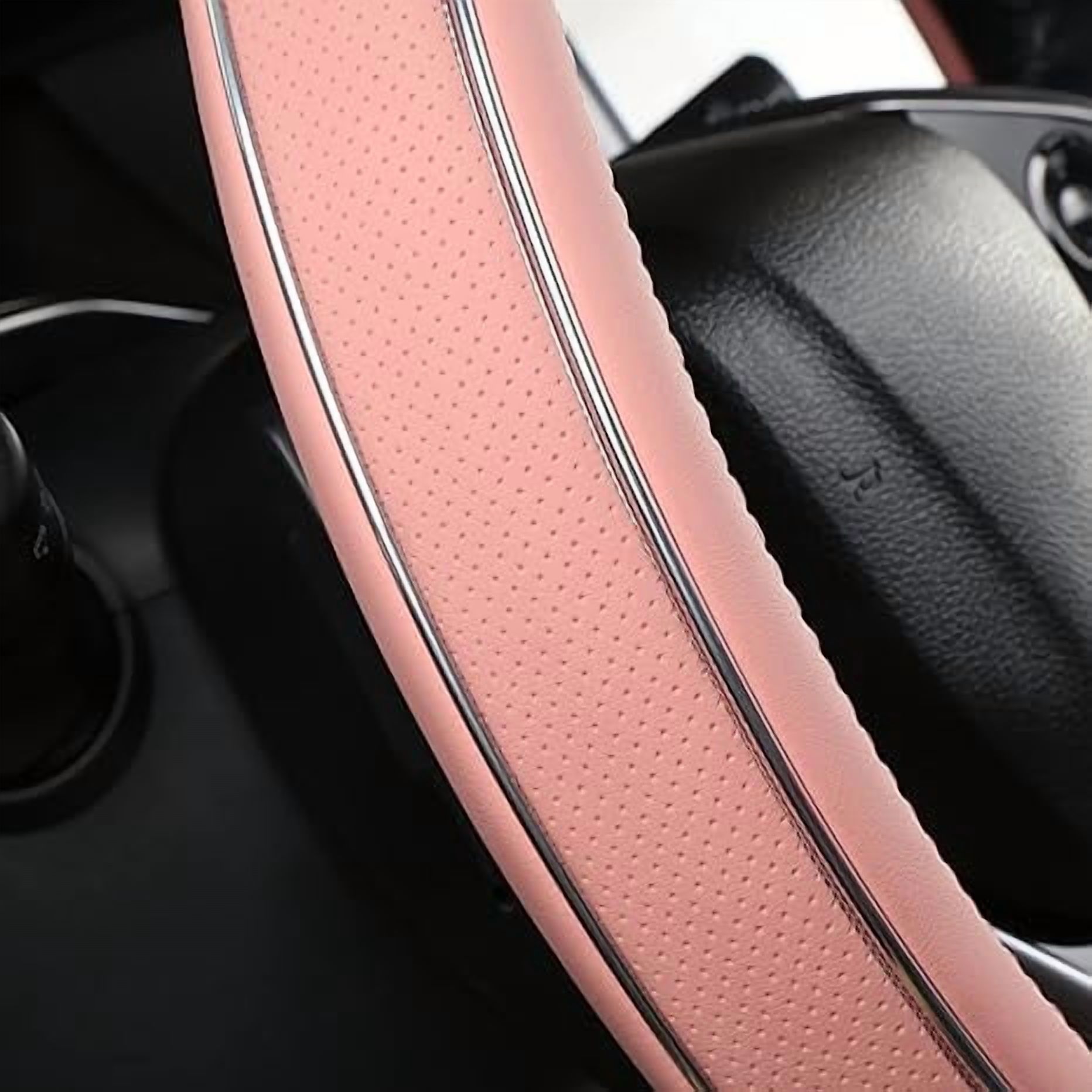 Pink Leather Steering Wheel Cover Fiber Strip Car Steering Wheel Cover Universal 15 inch for Women Girls