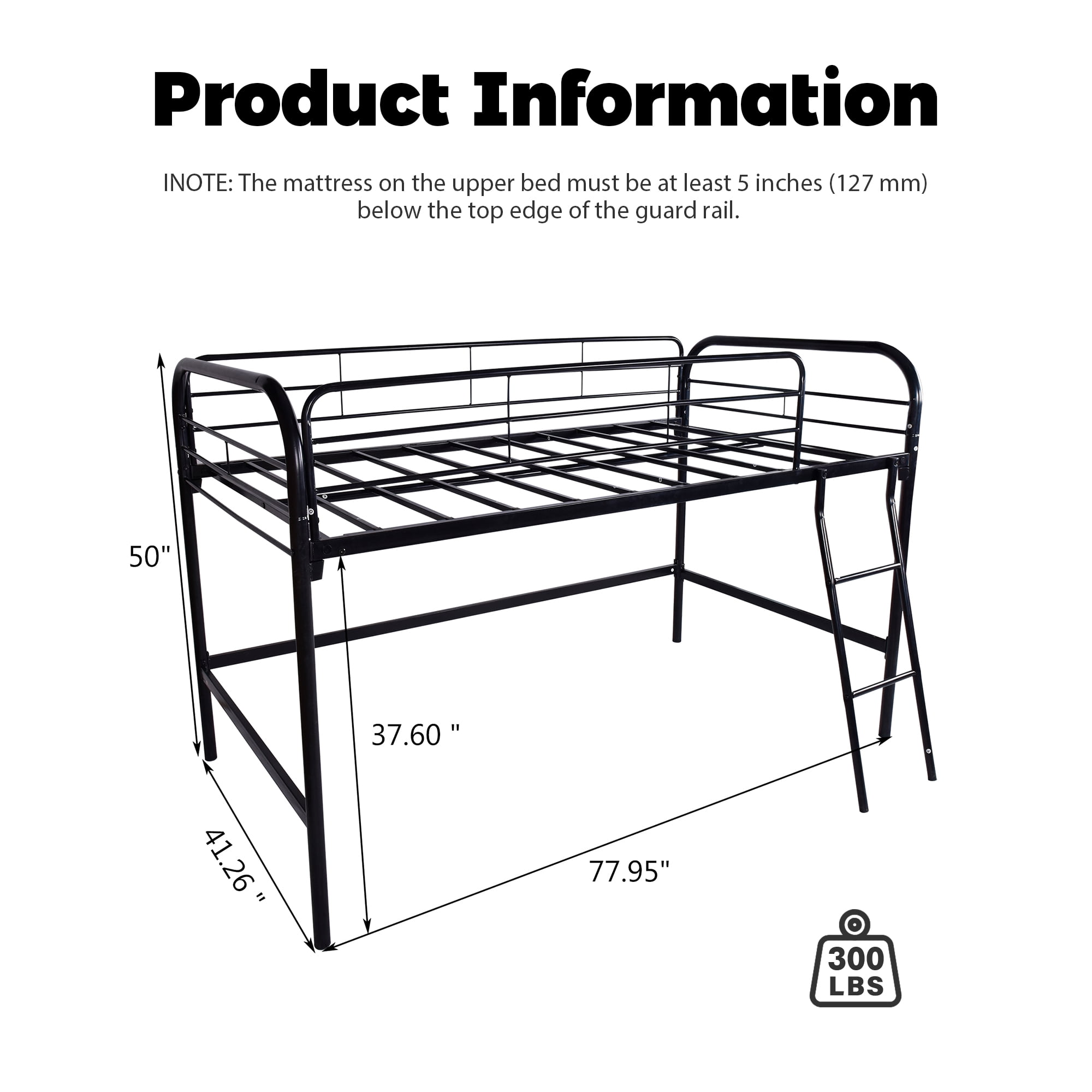 Aukfa Metal Loft Bed, Twin Size Loft Bed with Ladder for Kids Teens Junior, Black