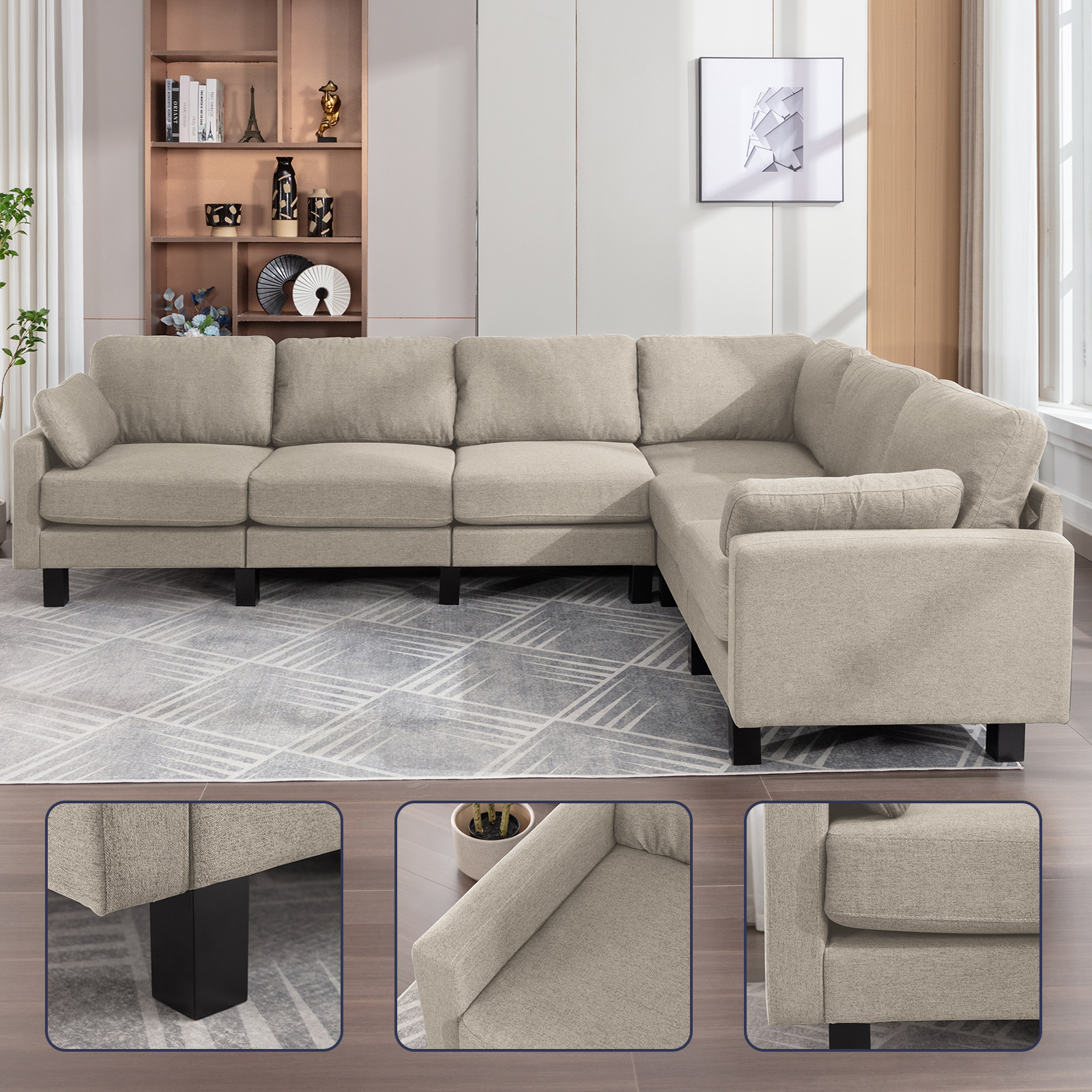 ijuicy L Shaped Sectional Sofa, 6 Seater Corner Modular Sofa, Living Room Furniture Sets - Beige