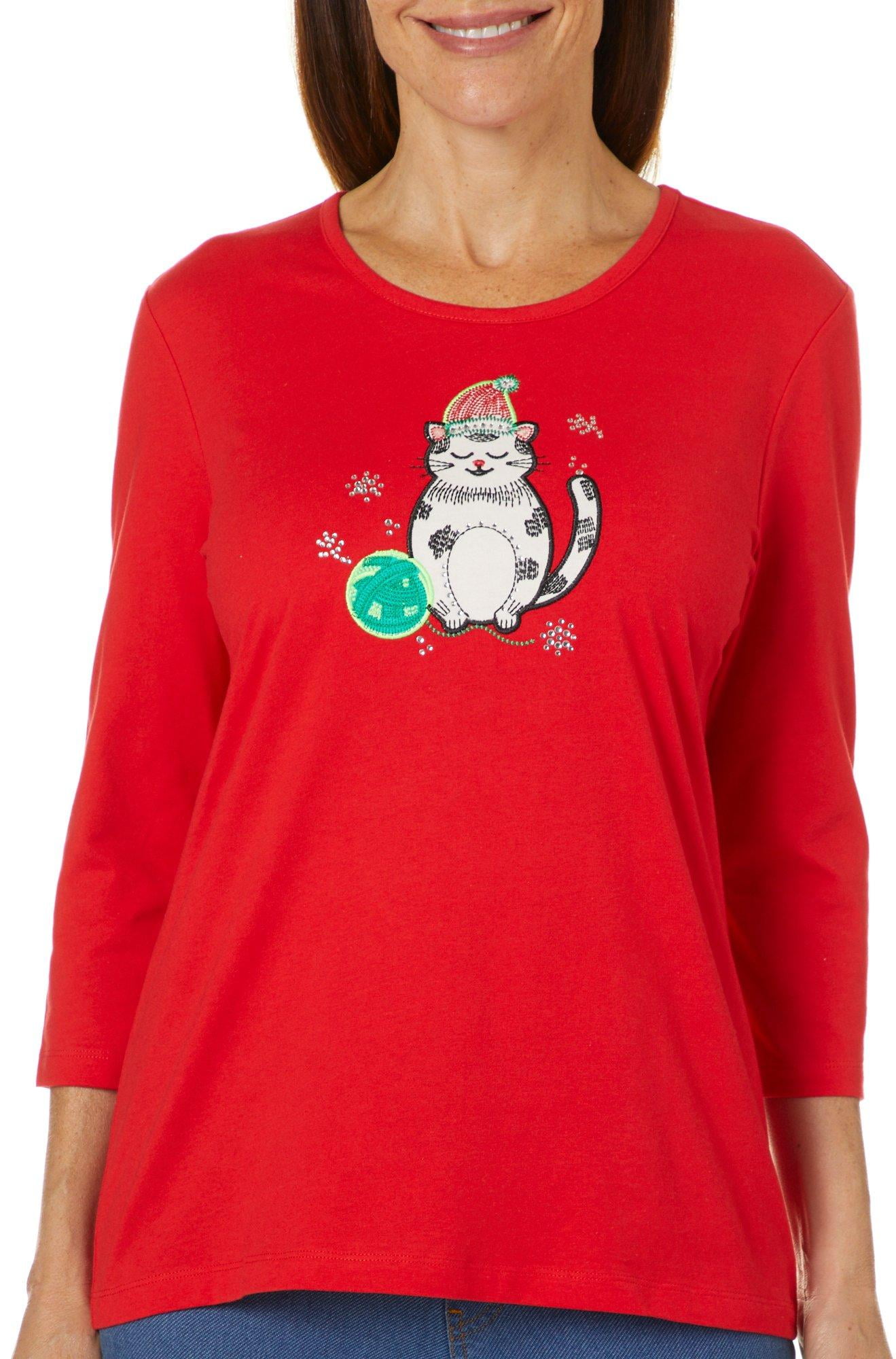 Coral Bay Coral Bay Petite Embellished Holiday Cat Top