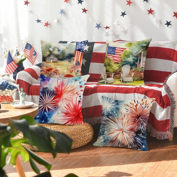 Fiudx Decoraciones Del Hogar Para Sala De Estar. Funda De Almohada De 18.0 X 18.0 In, Diseño De Estrella Del Día De La Independencia, 4 De Julio, Funda De Almohada Con Bandera Americana, Funda De Coj