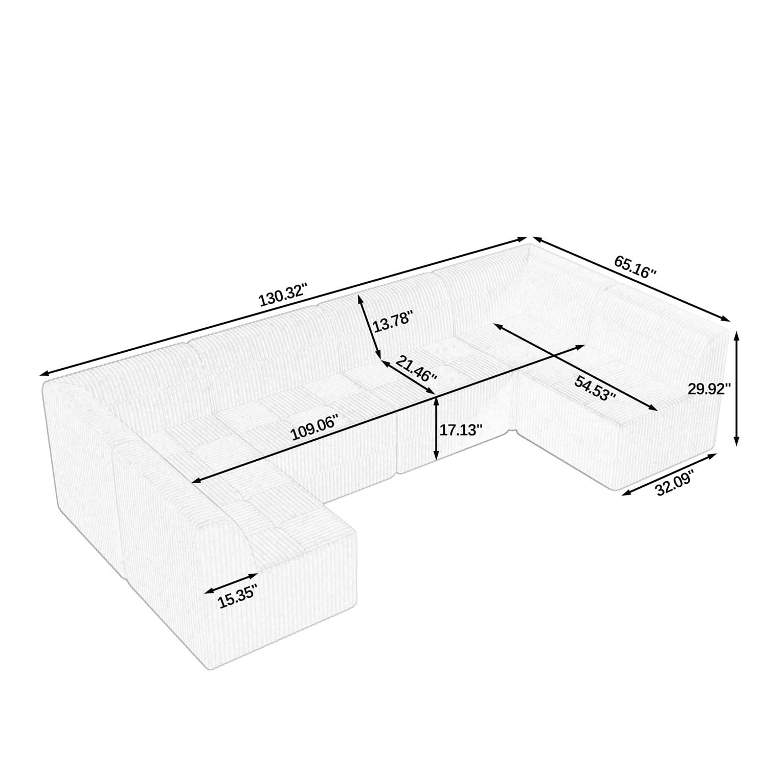 Demi Bonn 130" U-Shaped Modular Sectional Sofa, Modern Minimalist Style DIY Compressed Corduroy Couch for Living Room & Bedroom, Black