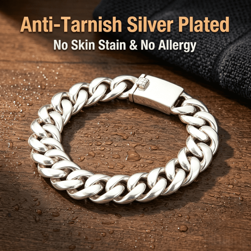MRjewelry Heavy Cuban Link Bracelet for Men, 8.66 Inch 15mm Silver Plated Chain, Secure Square Lock Clasp, Anti-Tarnish Gothic Biker Jewelry, Daily & Gift Wear, Ships from USA