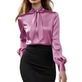 thumbnail image 2 of Women's Elegant Satin Blouse, Fall Long Sleeve Tie Neck Shirt with Two Back Buttons, Formal Office Work Top and Special Occasion Blouse for Women Hot Pink L, 2 of 5
