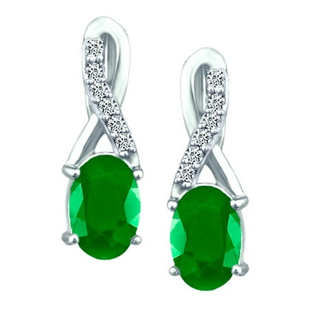 Natural Emerald - 1.02 tcw Natural Oval Emerald Diamond Ribbon Drop Earrings Solid 14k White Gold