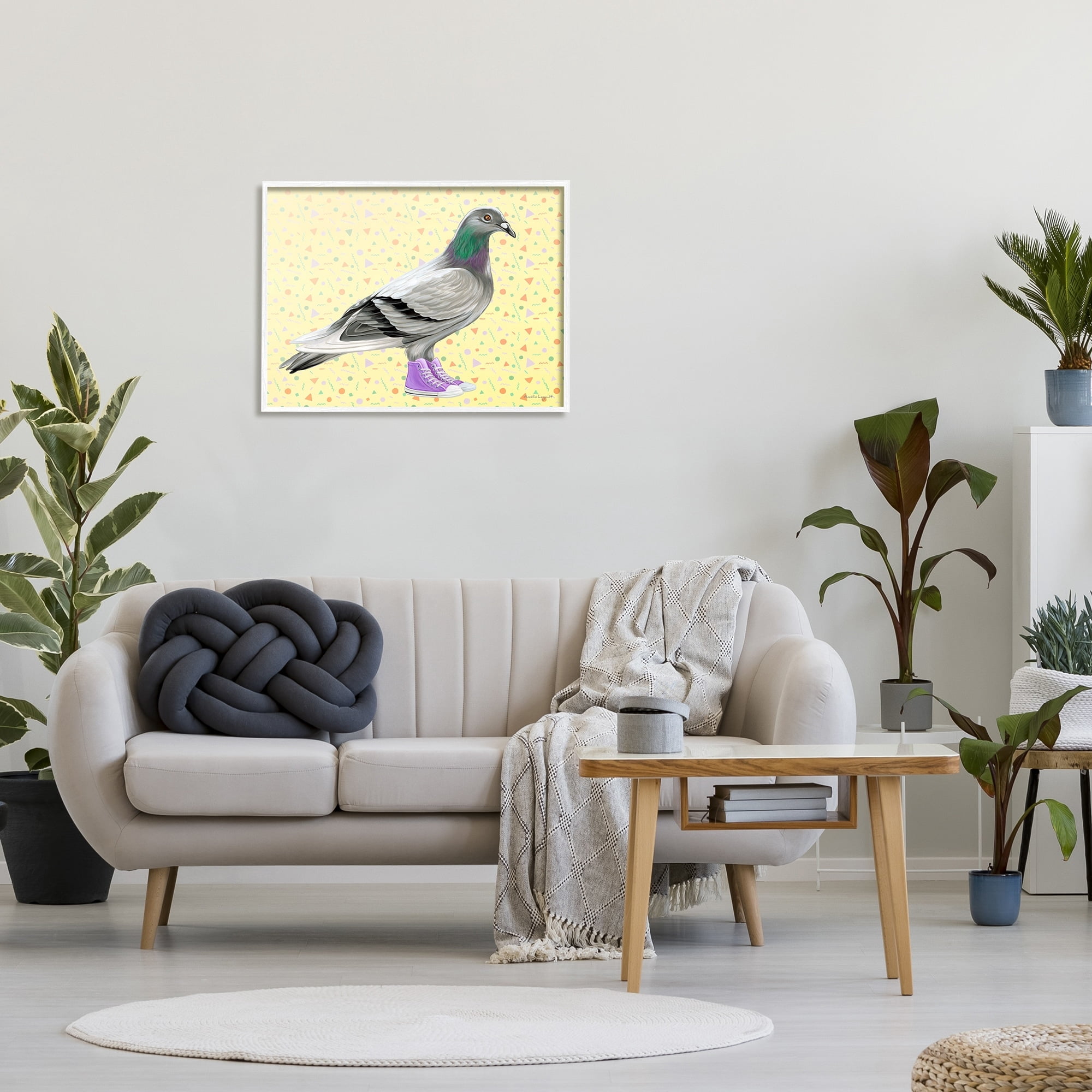 Stupell Industries Pigeon In Purple Sneakers Retro Patterned Background Graphic Art White Framed Art Print Wall Art, Design by Amelie Legault