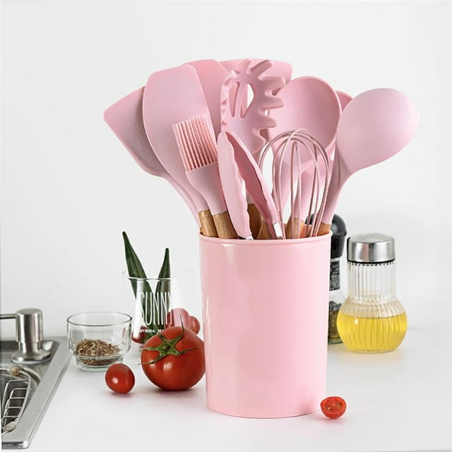 Pink Kitchen Utensil Premium Silicone Utensil With Non-Stick Flexible Wood Handle Cooking Cookware Home Kitchen Supplies