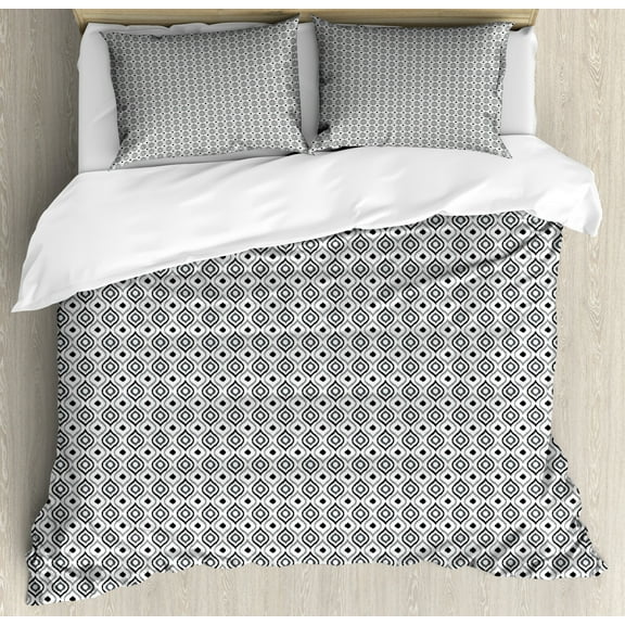Peacock Queen Size Duvet Cover Set, Greyscale Tones Bird Feather Pattern Hand Drawn Ethnic Motifs Arrangement, Decorative 3 Piece Bedding Set with 2 Pillow Shams, Black Grey Pale Grey, by Ambesonne