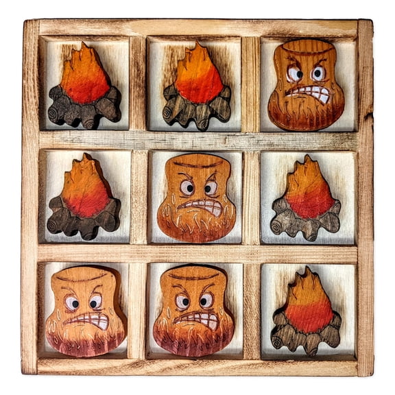 Handmade Old Fashioned Wooden TIC-TAC-TOE Game, Campfire & Marshmallows, by Wilcor