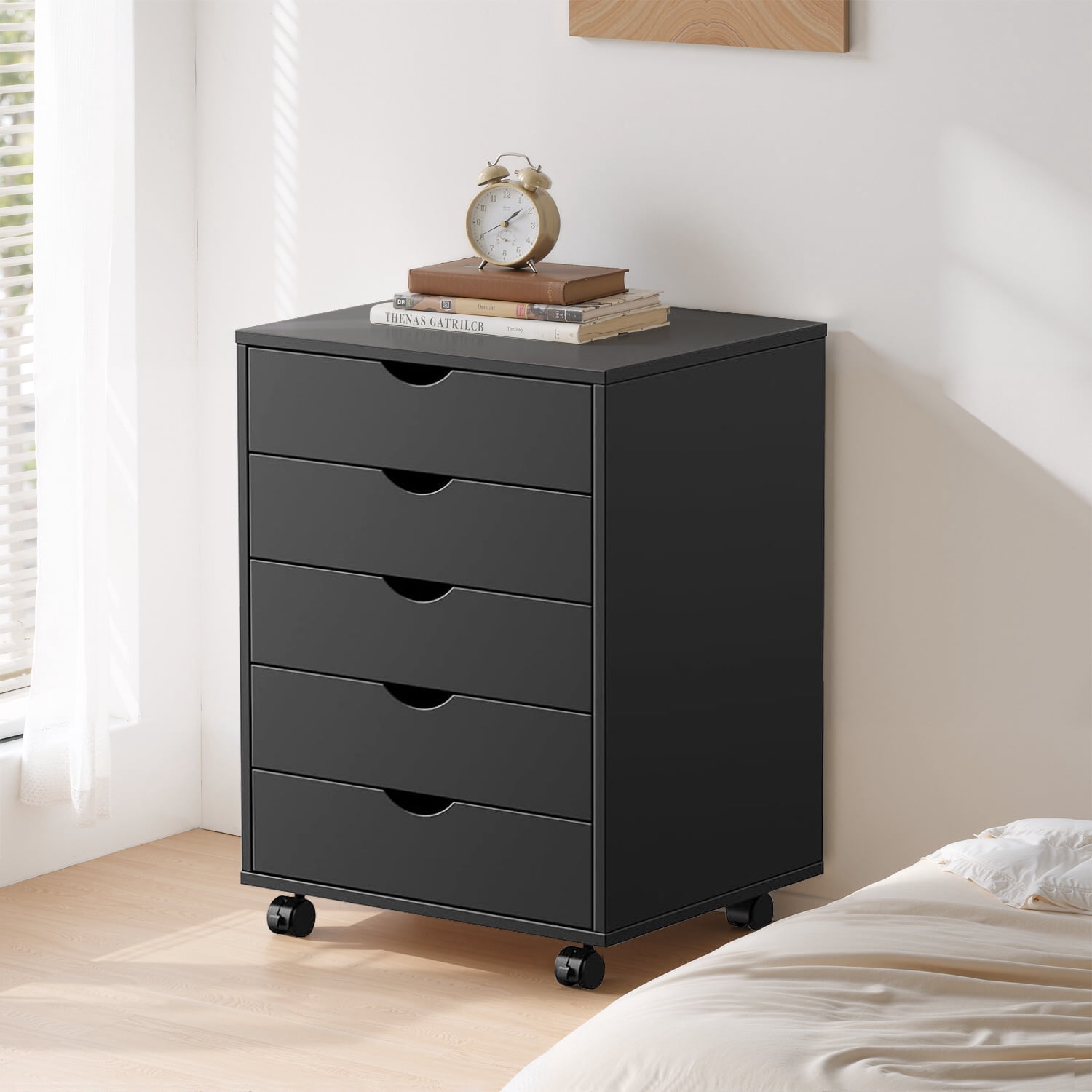Simenmax 5 Drawer Chest Mobile Storage Cabinets Wooden Dresser with Wheels Room Organization Furniture for Office, Black