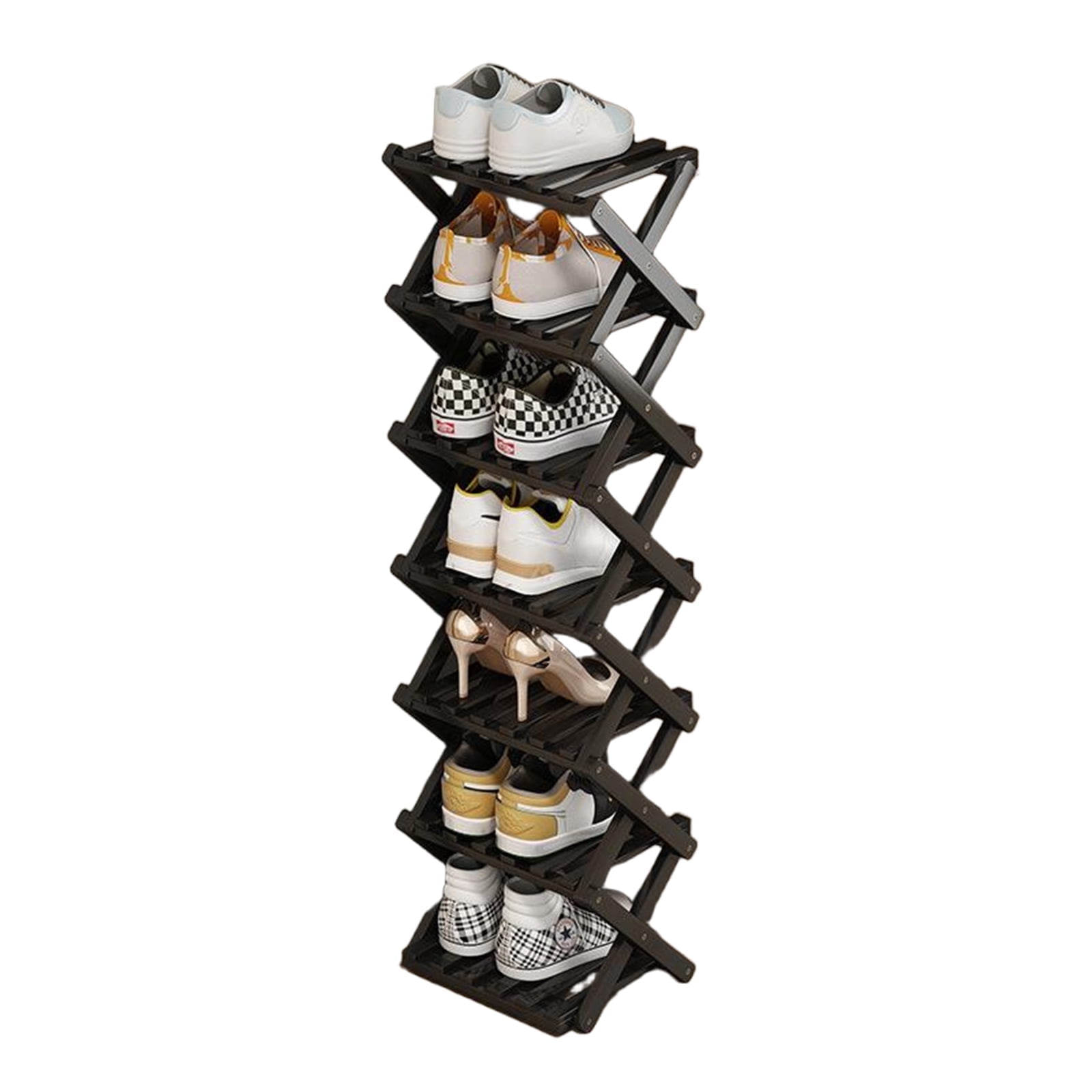 JUANYU Shoes Rack Organizer,Multi Tier Wooden Foldable Storage Rack for Home Shoe Storage with Durable Cross Structure,7-Tier,Black