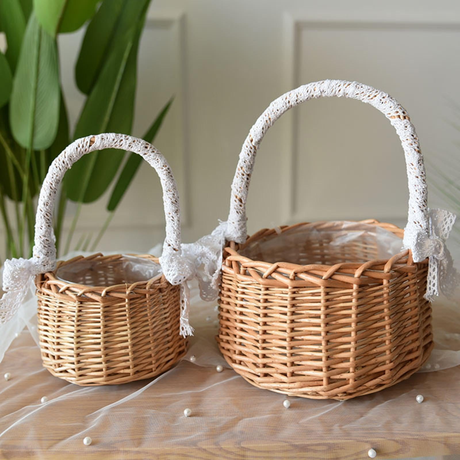 Rattan Storage Basket with Handles Lace Bow Decor Wedding Flower Girl Gifts indoor and outdoor Flower Pot Plant Holder , M M