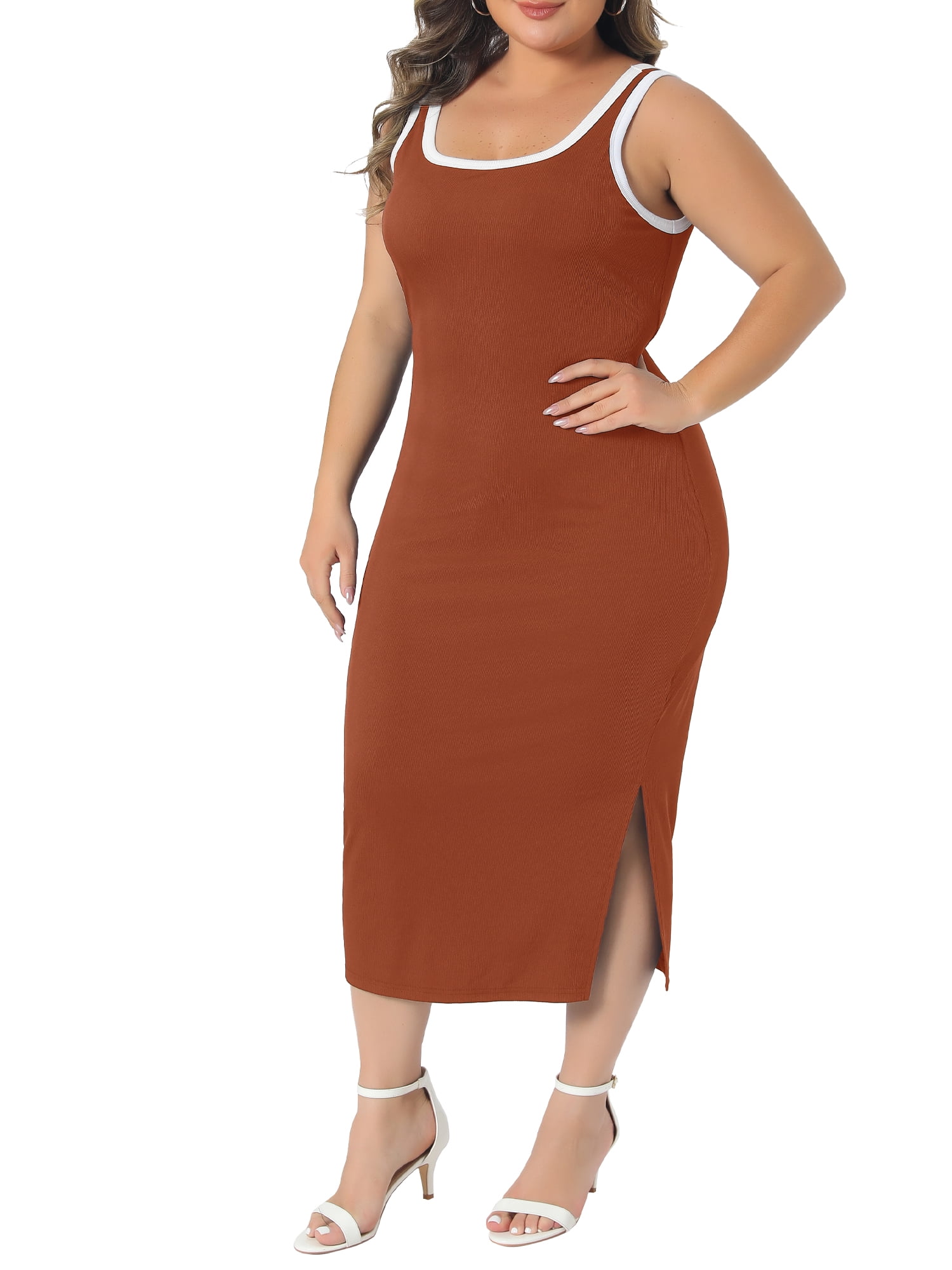 DARING DIVA Women's Plus Square Neck Sleeveless Bodycon Dress with Side Slit 1X Orange
