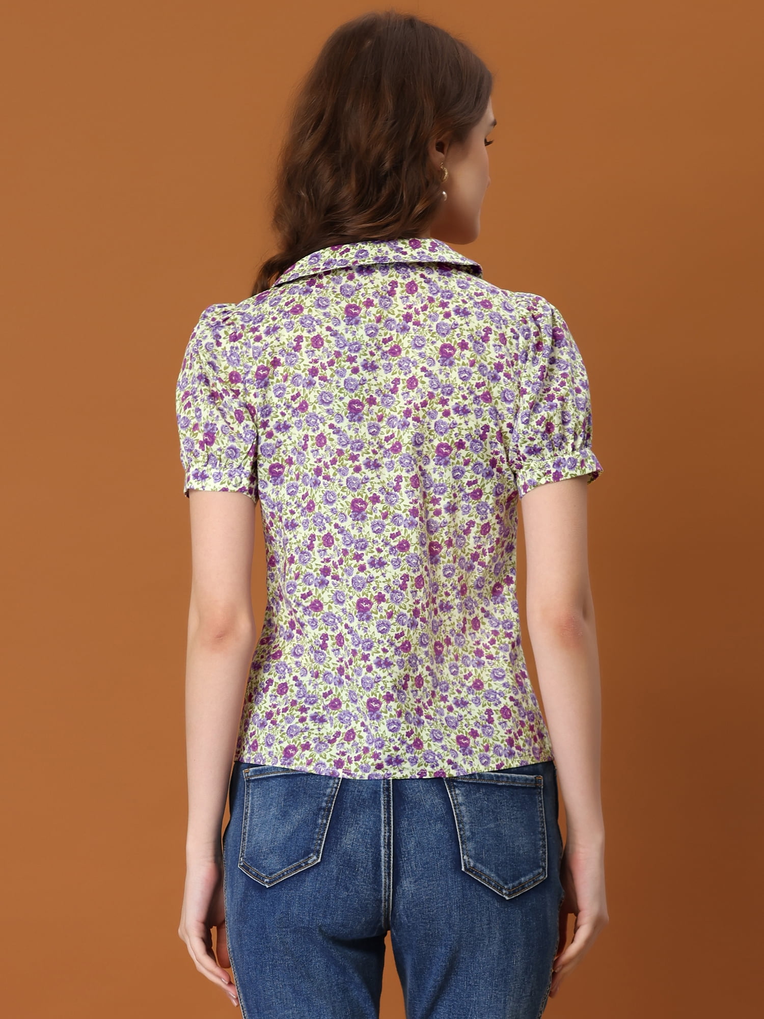 DARING DIVA Women's Turndown Collar Button Down Floral Blouse M Purple