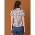 thumbnail image 4 of Blusa de manga abullonada floral con cuello en punta de camisa abotonada para mujer Púrpura L, 4 of 6