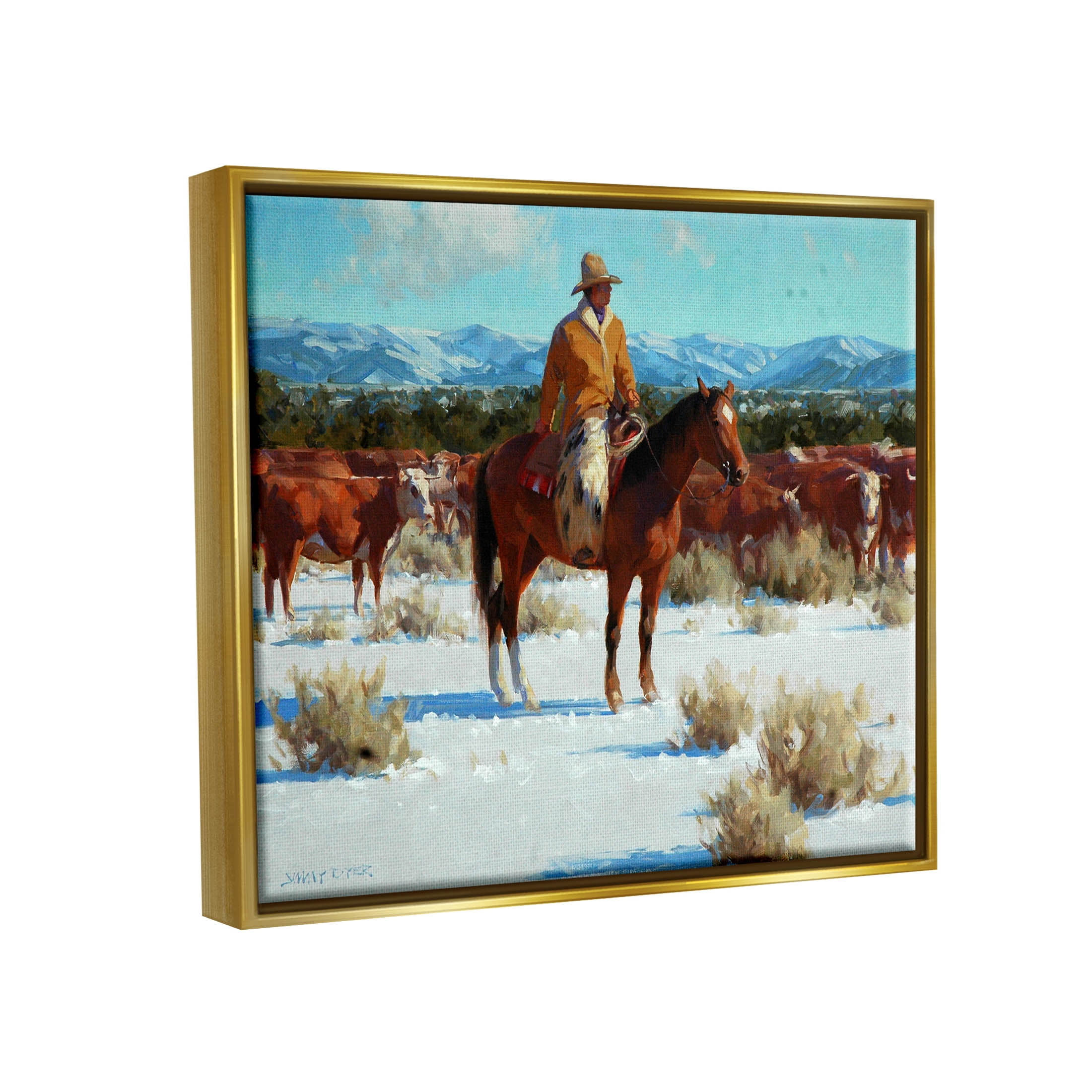 Winter Cowboy Cattle Landscape Animals & Insects Painting Metallic Gold Framed Art Print Wall Art