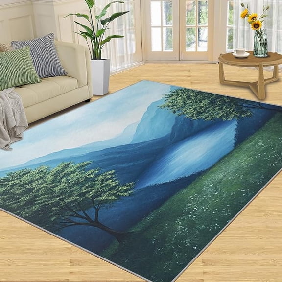 Blue and Green Rugs for Bedroom, Blue Mountain Rug, Green Trees Washable Rugs for Living Room, Non Slip & Low Pile, Indoor Carpet & Home Decor 5x6ft