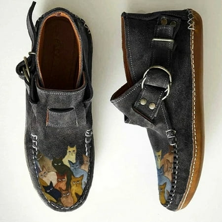 

Female Comfort Cartoon Cat Printed Leather Button Casual Flat Ankle Boots