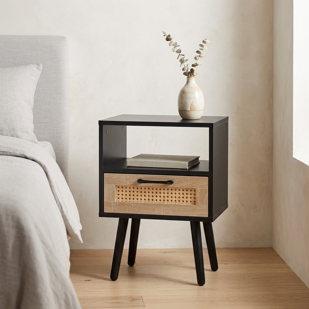 Rattan Woven Side Table with MDF Body & Solid Wood Legs, 22.05" H End Table with Storage, Mid-Century Modern Nightstand for Living Room Bedroom