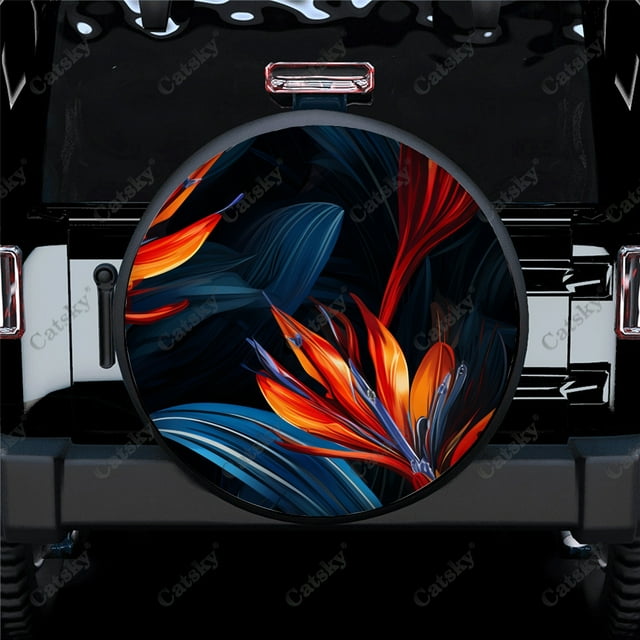 Colorful Strelitzia Flower Pattern Polyester Universal Spare Wheel Tire Cover Wheel Covers for Trailer RV SUV Truck Camper