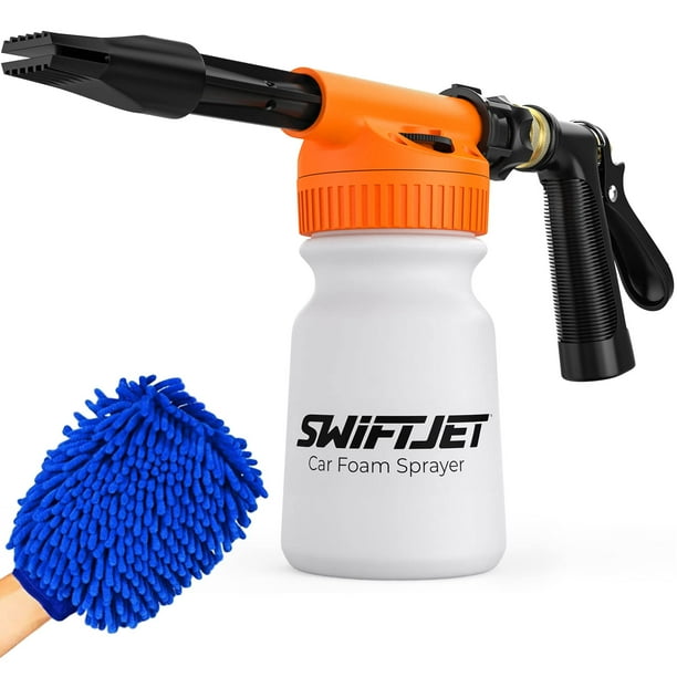 Pistola de espuma para lavado de autos SwiftJet +, guantes de microfibra, naranja