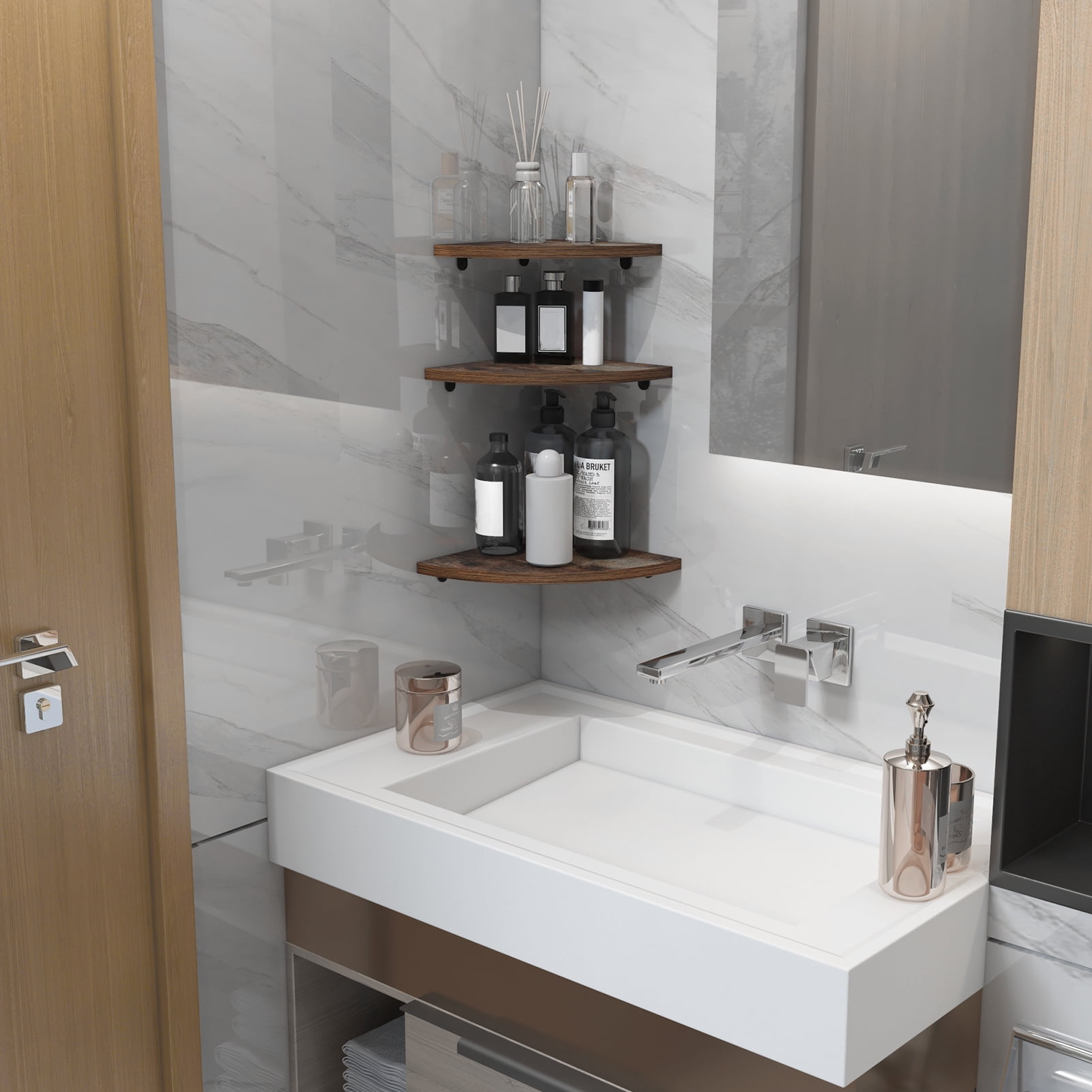 Wall Mount Floating Corner Shelf Set of 6, Minimalist Wood Corner Wall Shelves for Bedroom, Living Room, Bathroom, Kitchen