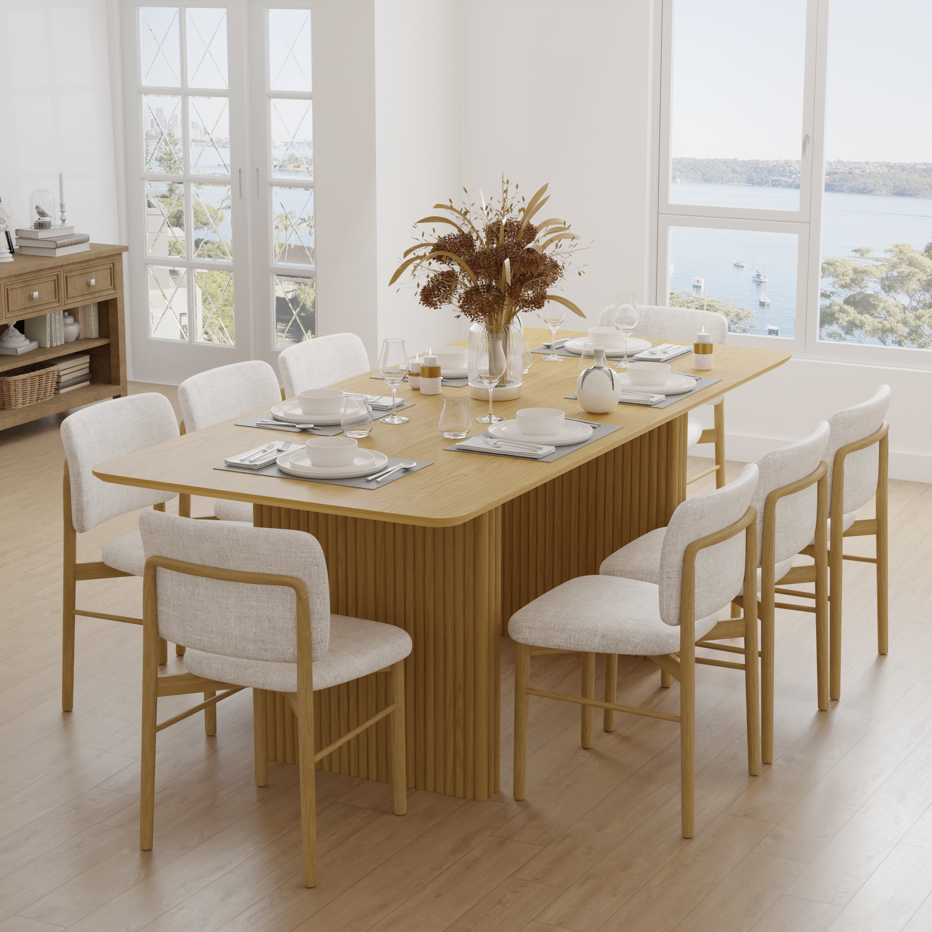 MAYEERTY Modern 79*33.5*30" Natural Wood Rectangular Dining Table with Fine - Striped Legs, Seats 8