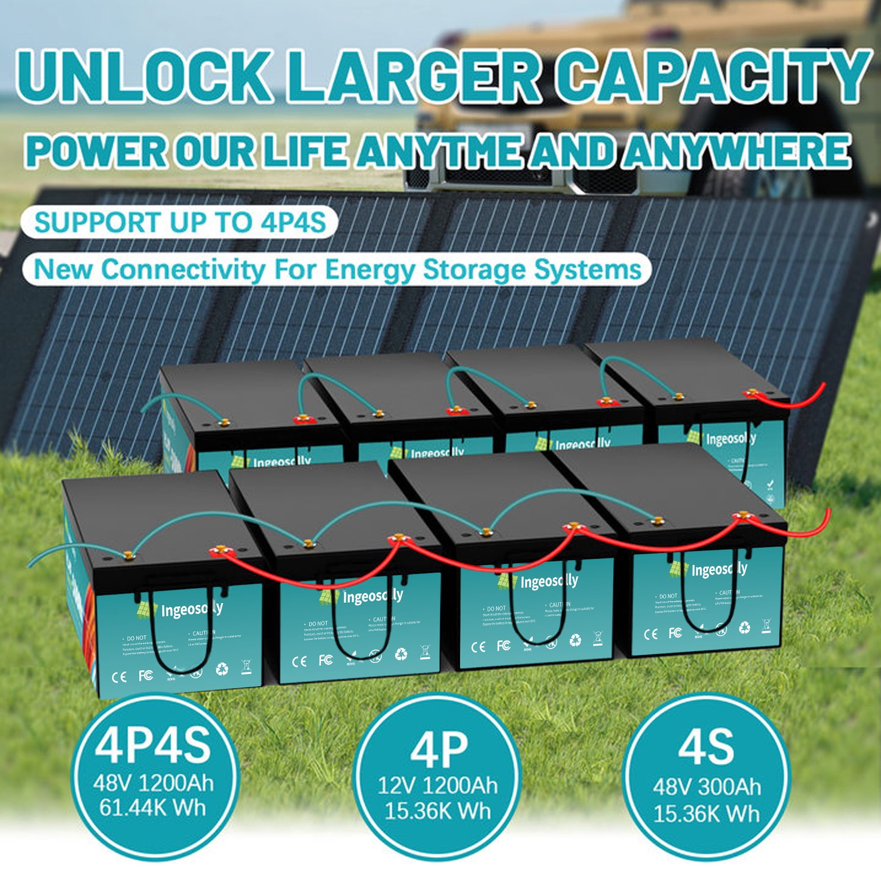 4PACK 12V 300AH LiFePO4 Lithium Battery,Built-in 200A BMS,for Solar,RV,Camping,Golf Carts,Trolling Motor,Marine,off-Grid,Backup Power,Motorhome,Ingeosolly 12.8 Volt Deep Cycles Battery