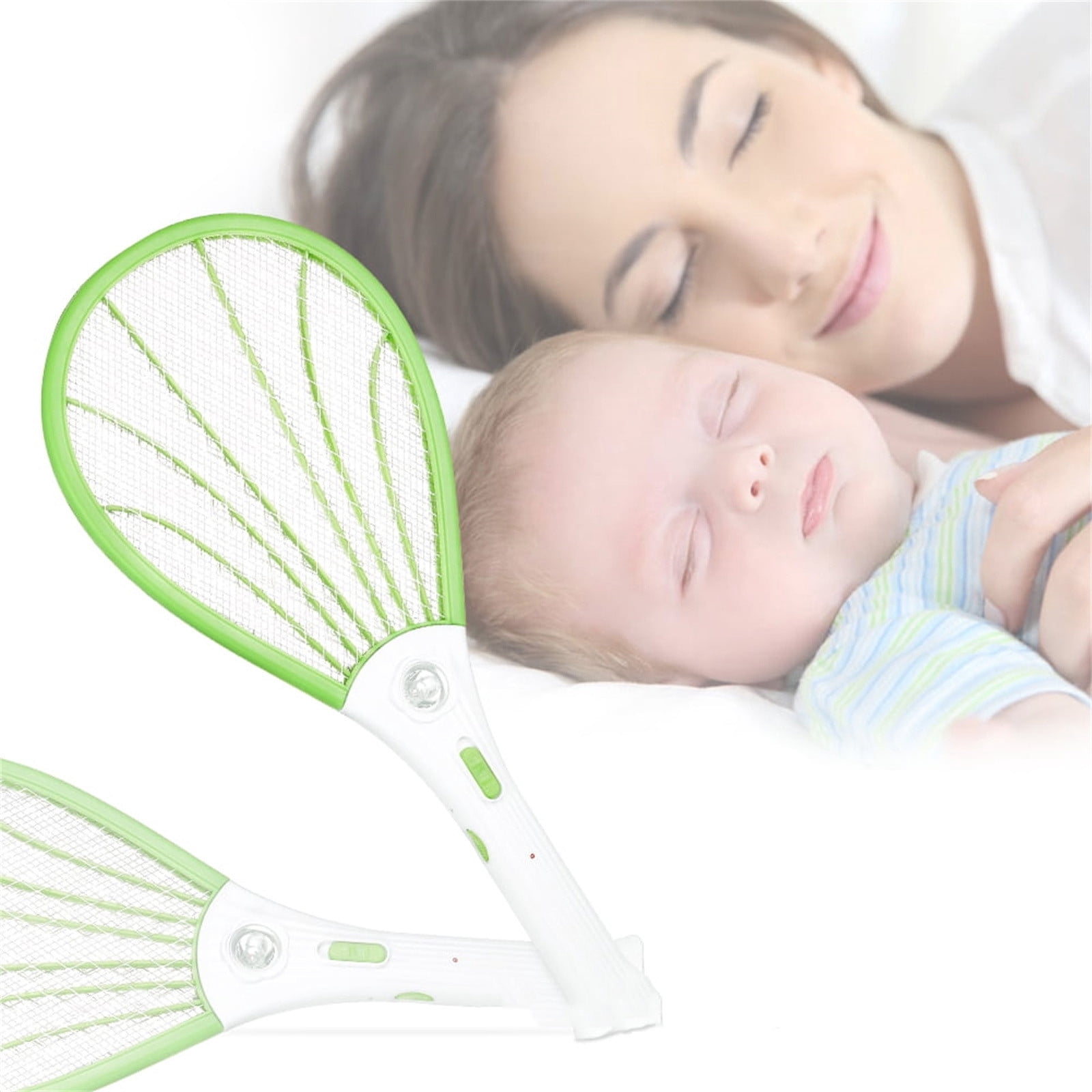 THOPBPRK 2-in-1 Electric Fly Swatter Bug Zapper Racket Rechargeable with LED Lighting 3-Layer Mesh for Outdoor Yard Decorations and Easter Gifts Protector Tool, Green