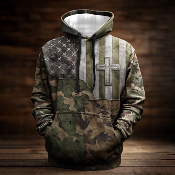 SYMOID Big & Tall Men's Patriotic Cross Camouflage Pullover Hoodie - 100% Polyester Quick-Drying, Army Green, Size 4XL with Kangaroo Pocket