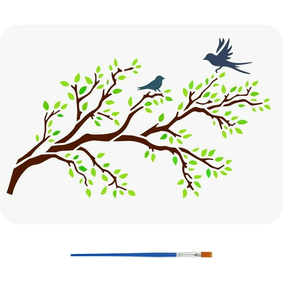 Tree Branches Stencil with Paint Brush 8.3x11.7inch Branches Leaves Painting Template Decorative Flying Birds Stencil for Painting Plant Theme Template for Wall Furniture Decoration Mixed Color