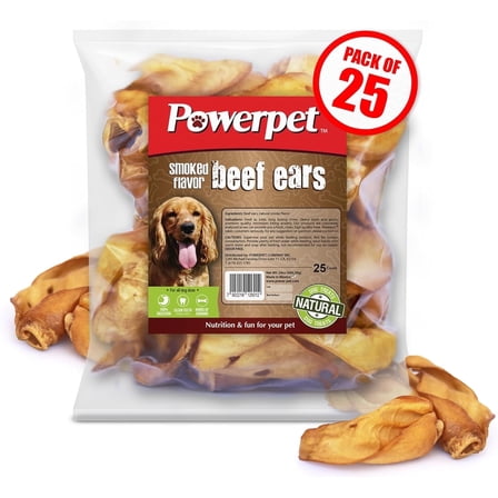 Powerpet Smoked Beef Ears,  Dental Treats for Dogs - Low Fat, High Protein, 25 Pieces Bag