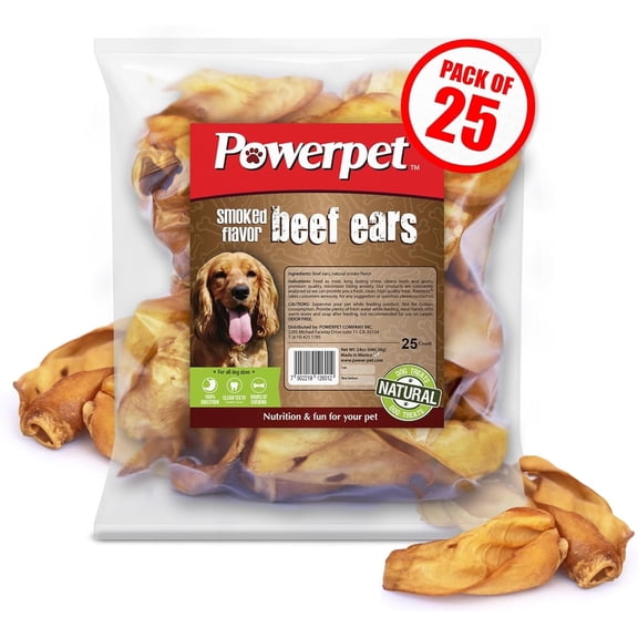 Powerpet Smoked Beef Ears,  Dental Treats for Dogs - Low Fat, High Protein, 25 Pieces Bag