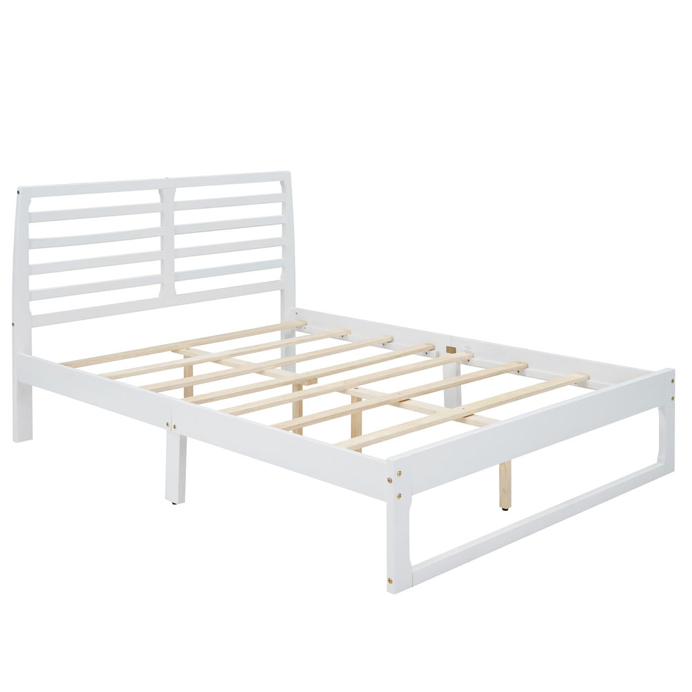 Full Size Wood White Bed Frame Wooden Slat Platform with Headboard 77.5"X56.5" 