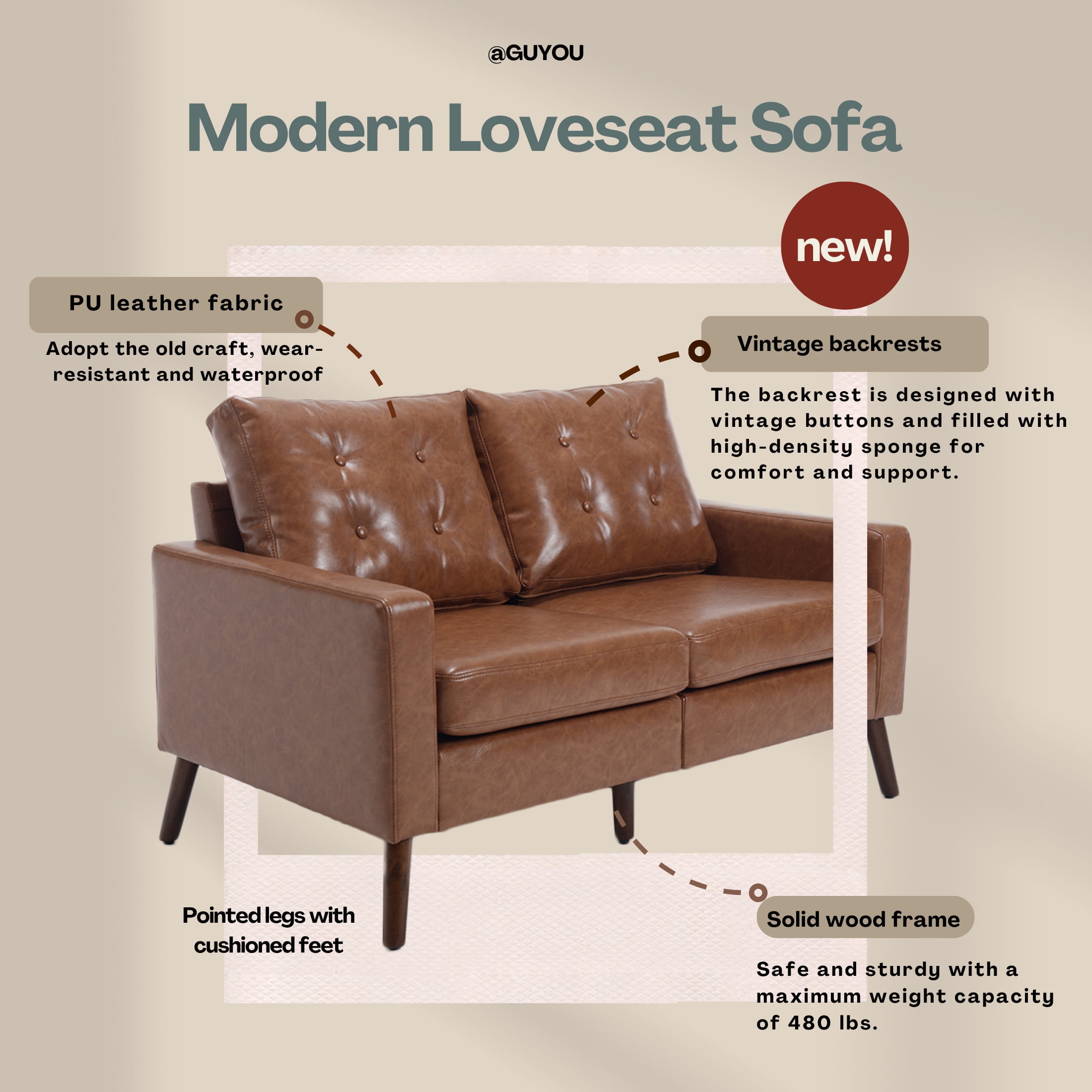 Guyou Modern 53” Loveseat Sofa, Comfy Upholstered Button Tufted Faux Leather 2 Seater Small Sofa Couch, Lounge Sleeper Love Seats for Small Spaces Living Room Apartment Bedroom, Brown