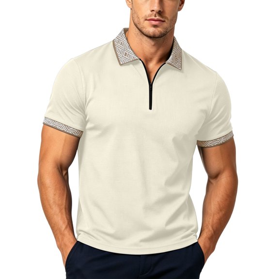 Rrxhxhs Golf Shirts for Men Geometric Trim Collared Quarter Zip Short Sleeve Breathable Casual Tops,L