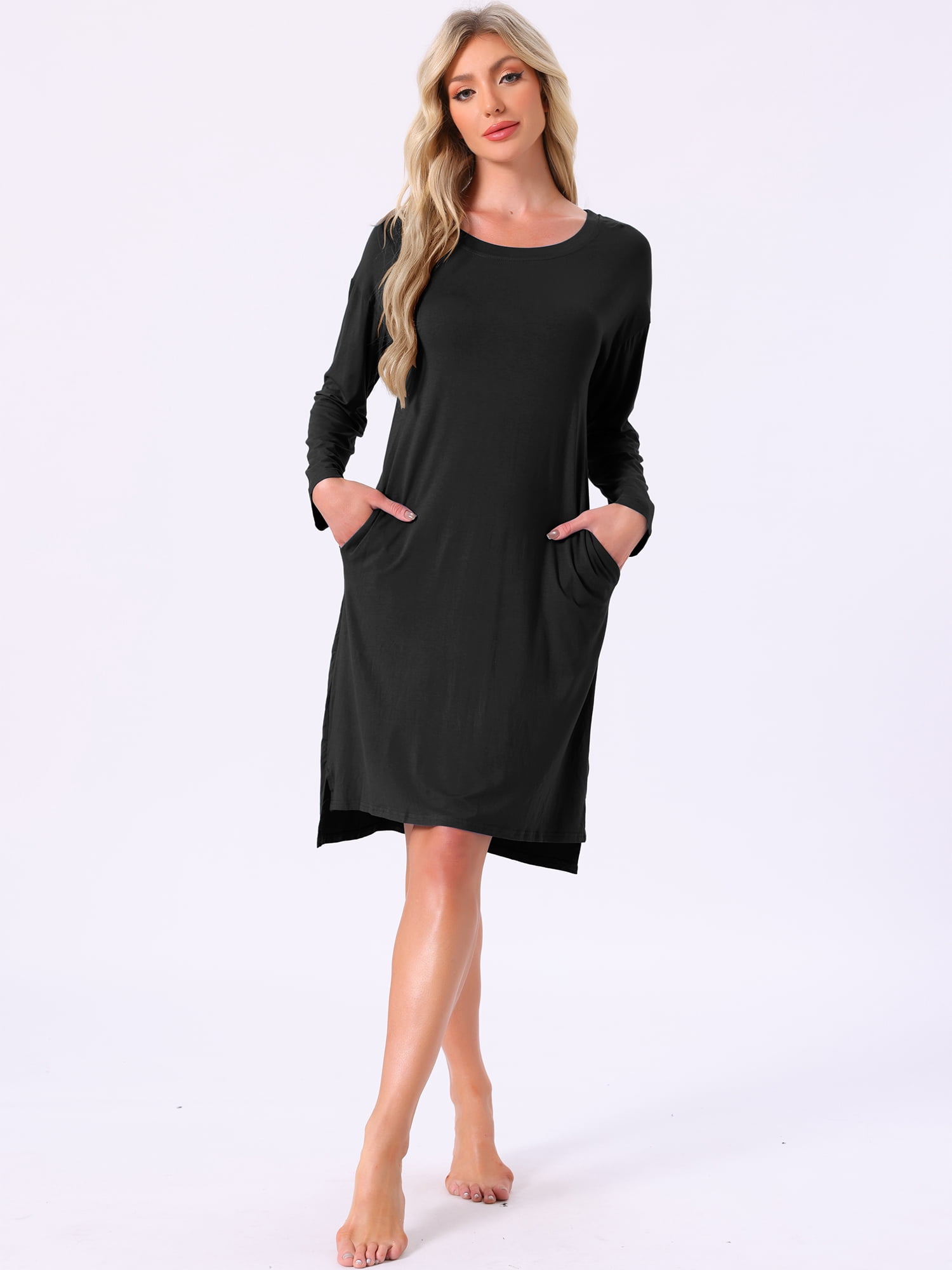 DARING DIVA Women's Long Sleeve High Low Hem Rayon Sleepdress with Pockets XL Black