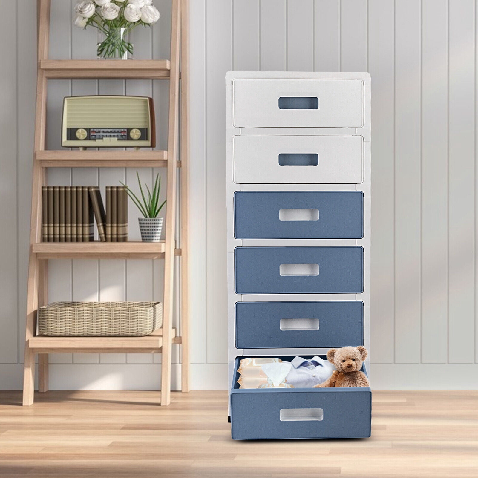 33in Blue White 6-Drawer Organizer, Household/Office Storage Cabinet Drawer Type  13.8*10*32.9in for Bedroom, Living Room, Study