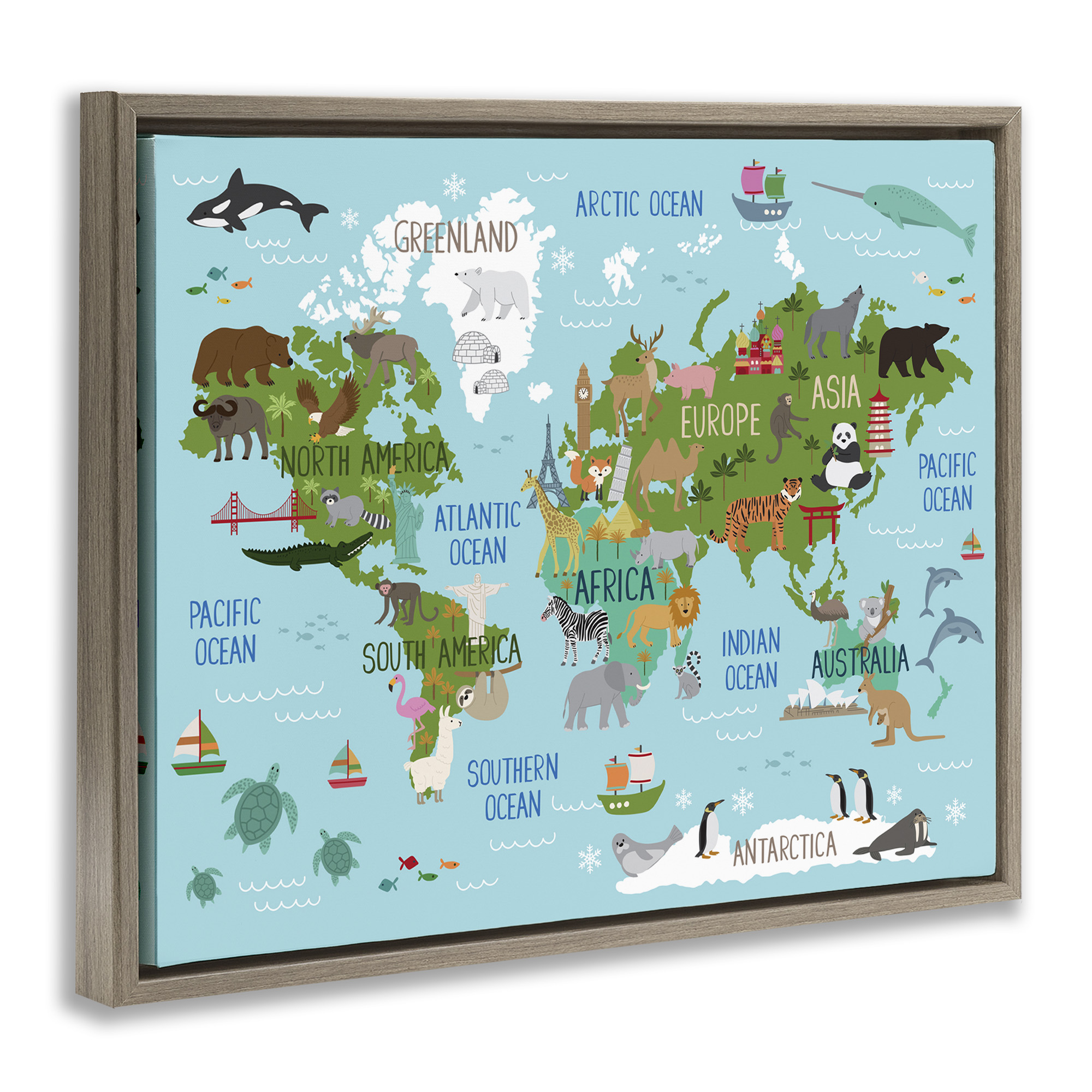 Stupell Industries Kid's Favorite Animals World Map Animals & Insects Painting Brown Floater Framed Canvas Art Print Wall Art, 21 x 17