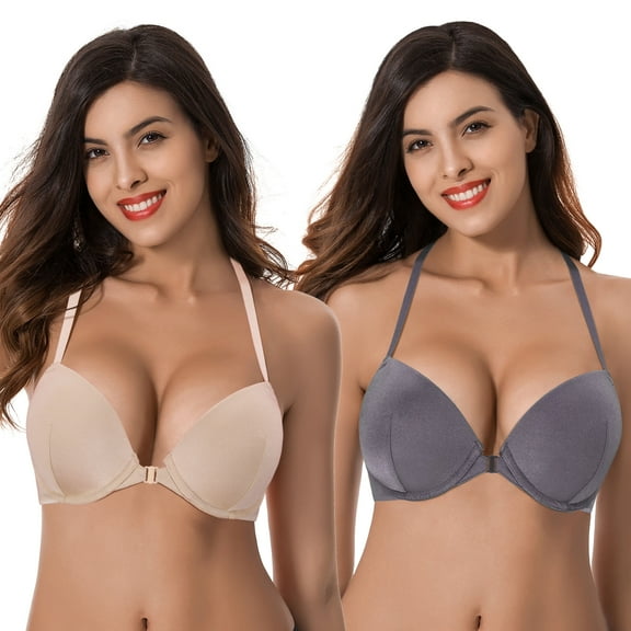 Curve Muse Womens Push Up Add 1 and a half Cup Underwire Halter Front Close Bras -2PK-Nude,Grey-32B