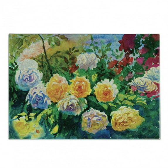 Watercolor Cutting Board, English Garden Painting with Colorful Roses and Other Flowers Print, Decorative Tempered Glass Cutting and Serving Board, in 3 Sizes, by Ambesonne