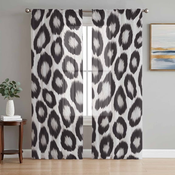 Leopard Printed Sheer Curtains 96 Inch Length 2 Panels Set, Farmhouse Vintage Animals Black Grey Voile Window Treatment Semi Sheer Long Curtains Drapes for Bedroom/Living Room/Kitchen 52"x96"x2