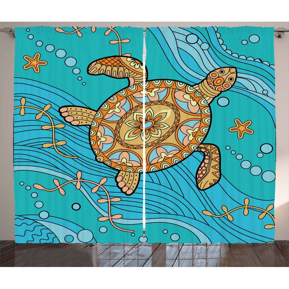Turtle Curtains 2 Panels Set, Doodle of a Sea Turtle on Water Surface
