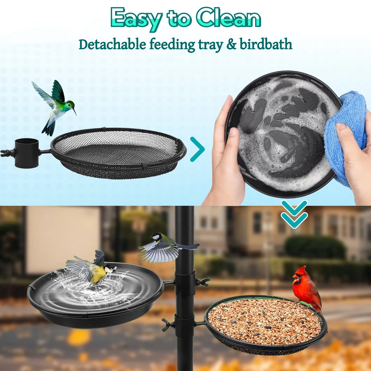 Teblint 92" Bird Feeding Station, Heavy Duty Bird Feeder Pole Bird House Stand Mount Kit w/ Squirrel Proof Baffle 4 Shepherds Hooks, Adjustable Feeder Stand for Outdoor Wild Birds Watching