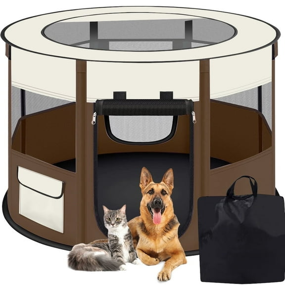 Petimi Portable Pet Playpen, Pet Tent for Indoor Outdoor Travel Camping Use - Brown, Medium