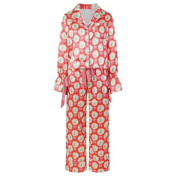 felwors Christmas Bow Tie Front Pajamas for Women Cute Print Long Sleeve Shirts Pants 2 Pieces Xmas Satin Pjs Loungewear Sets Red, XXL