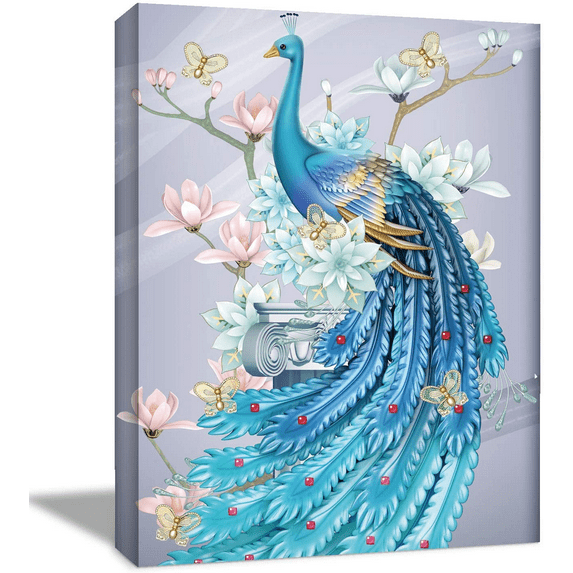 Rosework Framed Canvas Wall Art, 16x24 Inch, Cyan Blue Peacock, Made In USA