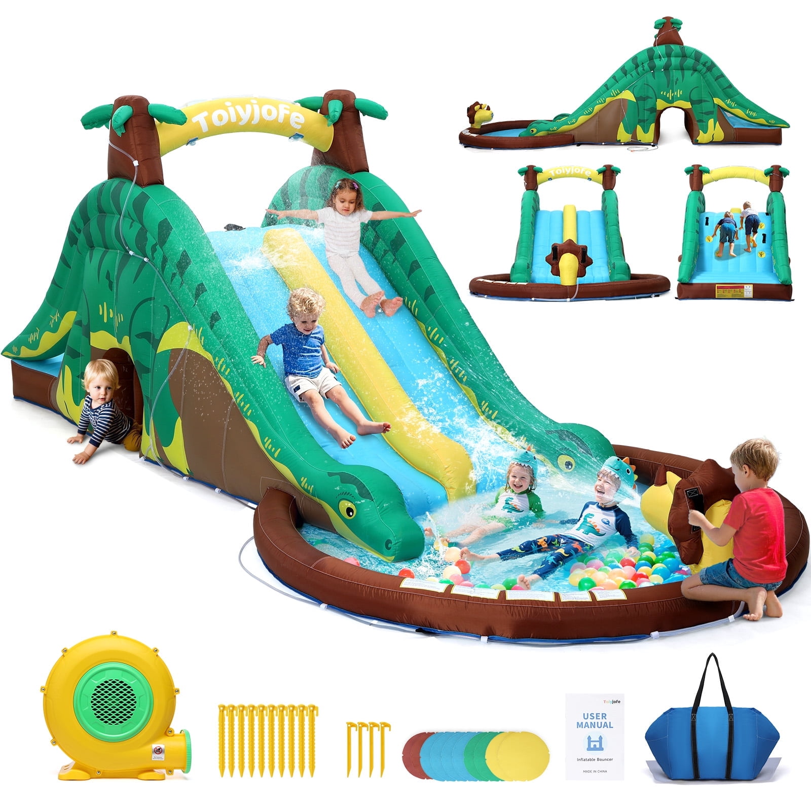 Toiyjofe Dinosaur Inflatable Water Slide for Kids, 19FT Long, Dual Slides with Splash Pool, Climbing Wall & GFCI Blower, Outdoor Backyard Water Park